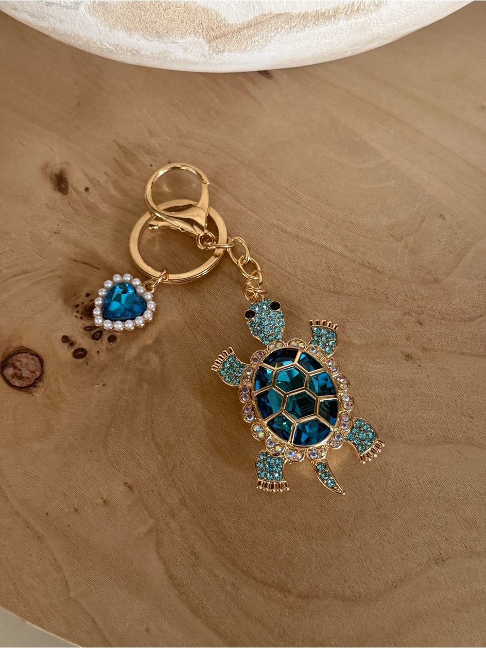 Gold Turtle Keychain Charm with Blue Crystal Accents - Picture 2 of 3